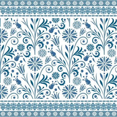 Çiçek desenli mavi desenli. Çiçek yapraklı kenar. Hediye masası örtüsü ve kumaş kumaşı için.