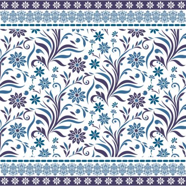 Masa dekoru ve moda kumaşları için saplı çiçeklerle sınırlandırılmış mavi desenli kusursuz çiçek deseni.