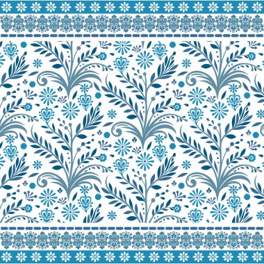 Dekoratif botanik mavi dikişsiz çiçek deseni ile bahçe kumaş ve ambalaj kullanımı için ilham sınır