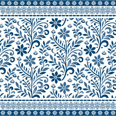 Doğaya dayalı sınır motiflerine sahip mavi, pürüzsüz çiçek deseni dekorasyon ve moda tekstil tasarımları için idealdir