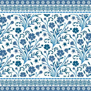 Yüzey baskıları ve kumaş ambalajları için doğa temalı mavi ile kusursuz sınır tasarımı