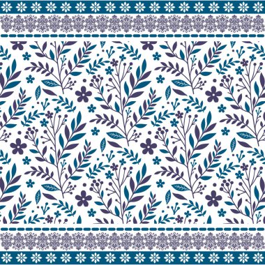 Dekor kumaşı ve giysi malzemesi için süslü kenar kenarlı yumuşak botanik mavisi dikişsiz çiçek deseni