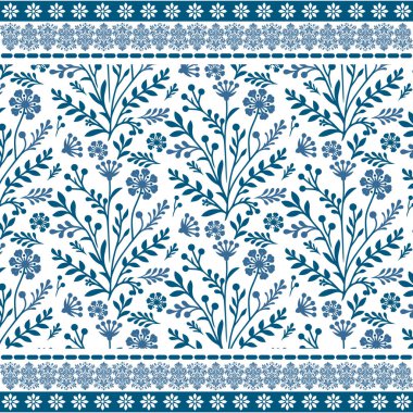 Mavi, pürüzsüz desenli çiçek desenli, moda tekstil tasarımı için el çizimi çiçeklerle sınırlandırılmış çiçek yüzeyi sanatı.