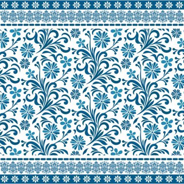 Detaylı sınır tasarımları ile kusursuz çiçek desenli mavi ambalaj ve yastık örtüsü kumaşları için mükemmel