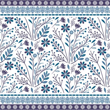 mavi dikişsiz çiçek desenli ambalaj kağıdı tasarımı ve çiçek ve yaprakların kenar sınırı