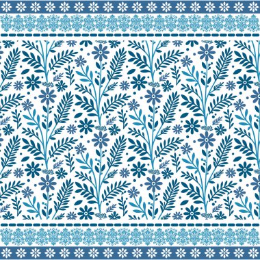 Kumaş ambalaj kağıdı ve giysi yüzeyleri için yapılmış mavi, pürüzsüz çiçek desenli sınır deseni