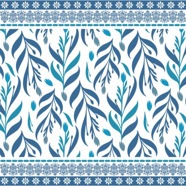 Kumaş ve giysi kullanımı için bir kök sınır tasarımı çerçeveli botanik mavisi dikişsiz çiçek deseni