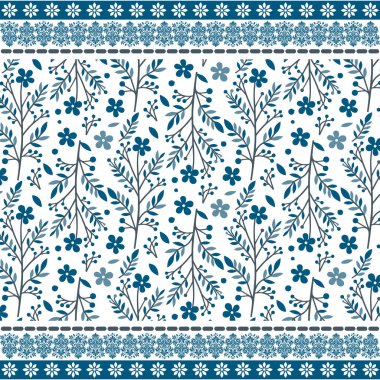 Yapraklı tarlalarla çevrili mavi, pürüzsüz çiçek desenleri moda ve masa tekstili kullanımı için mükemmel.