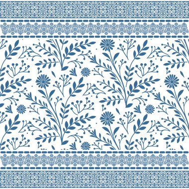 Etrafı çiçeklerle çevrili mavi, pürüzsüz çiçek desenli döşeme. Kadın kıyafetleri ve dekoru için.