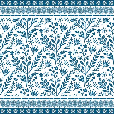 Ev yapımı kumaş ve ambalaj tasarımı için süs bitkileriyle sınırlandırılmış mavi, pürüzsüz çiçek deseni.