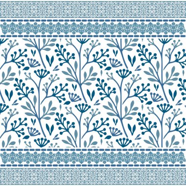 Yumuşak dekoratif sınır çizgilerine sahip mavi, pürüzsüz çiçek desenli yüzey tekstil tasarımı