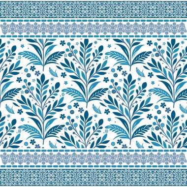 Maviyle kusursuz çiçek desenlerini tekrarlamak moda kumaşları için sınır çizimlerine ilham kaynağı olmuştur.