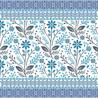 Çiçeklerle çerçevelenmiş mavi dikişsiz çiçek desenli ambalaj ve tekstil tasarımı