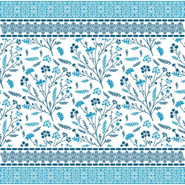 Şık moda ve ev kumaşları için kenarı çiçek desenli doğal mavi, pürüzsüz çiçek deseni.