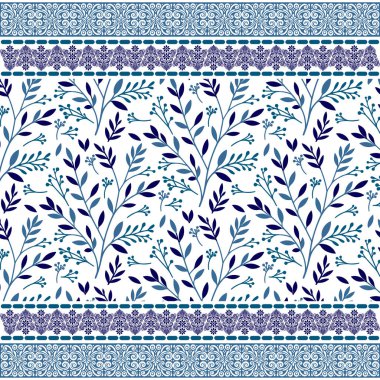 Botanik mavisi, masa örtüleri ve yastık kılıfları için sınır yeşilliği desenli kusursuz çiçek deseni.