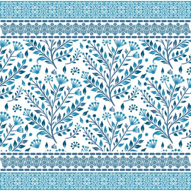 Moda ve yüzey kumaşları için dekoratif çiçek kenarlı klasik mavi, pürüzsüz çiçek deseni.