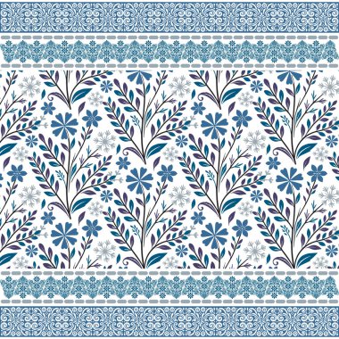 Masaüstü çarşafları ve tekstil aksesuarları için doğrusal kenarlık içeren mavi dikişsiz desenli çiçek tasarımı