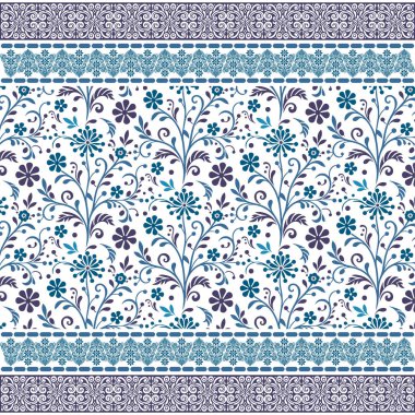 Yumuşak mavi desenli çiçek desenleri. Detaylı çiçek kenarları. Paket kağıdı ve moda kumaş baskıları için.