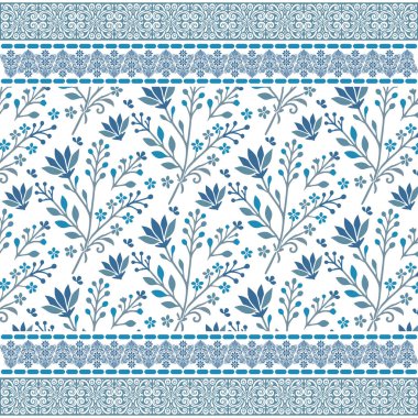 Kumaş tasarımı ve hediye ambalajı için süslü botanik sınır çizgileri olan mavi, pürüzsüz çiçek deseni