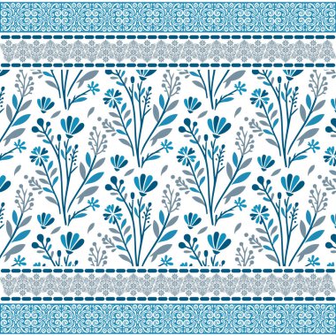 Sınır düzenlemesi tekstil yüzeyi ve giysi kullanımı için mükemmel olan karmaşık mavi dikişsiz çiçek deseni