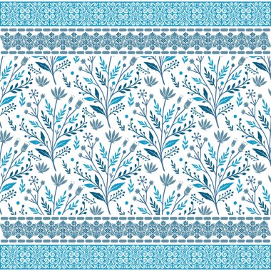 Sarma, etek ve ev kumaşları için mavi botanik sınır sanatı olan kusursuz çiçek desenli fayanslar.