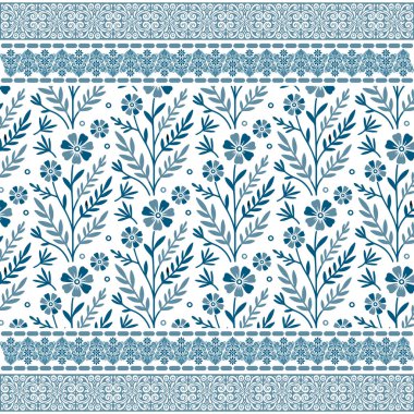 Zarif sınır tasarımı içeren mavi desenli çiçekli yüzey deseni kumaş dekoru ve moda tekstili için idealdir.