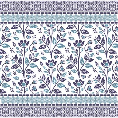 Kumaş baskıları ve masa tekstili için botanik sınır elementleriyle çerçevelenmiş mavi, pürüzsüz çiçek deseni