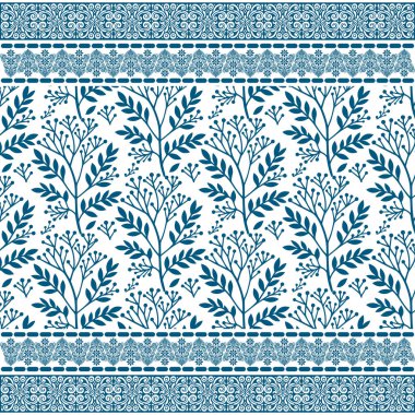 Kadın giysileri ve ambalaj kağıtları için sınır motifleri olan mavi, pürüzsüz desenli zarif çiçek çizimleri.