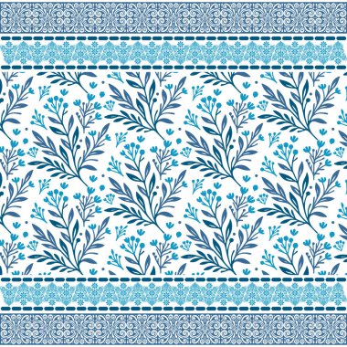 Giysi kumaşı ve yüzey tekstil tasarımı için sınır çizimi olan mavi, pürüzsüz çiçek deseni tekrarlanıyor