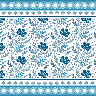 Dekoratif kumaş ve ambalaj izleri için zarif bir kenarı olan mavi, pürüzsüz çiçek desenli fayans.