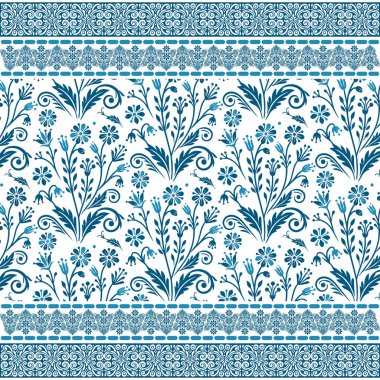 Kumaş tasarımı ve şık ambalajlar için botanik sınırları içeren mavi, pürüzsüz çiçek deseni tekrarlanıyor