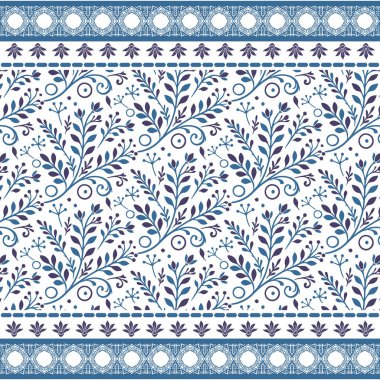 Zarif dekoratif kenarı olan mavi, pürüzsüz çiçek deseni. Tekstil baskıları ve kadın kıyafetleri için mükemmel.