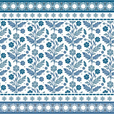 Mavi süslemeli botanik desenli kusursuz çiçek desenleri. Kumaş ve ev dokuma ürünleri için ilham verici.