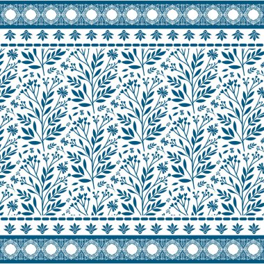 Doğa esinlenilmiş, kağıt ve yüzey desenli desenler içeren klasik mavi, kusursuz çiçek desenleri.