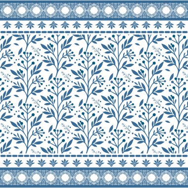 Mavi, pürüzsüz çiçek desenli akıcı botanik çizgileri ve moda ve ev kumaşları için yapraklı kümeler.