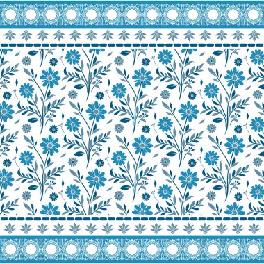 Süslü bitki dokuları ve çiçekleri yastık kılıfları ve etekler için mükemmel olan güzel mavi dikişsiz çiçek deseni.