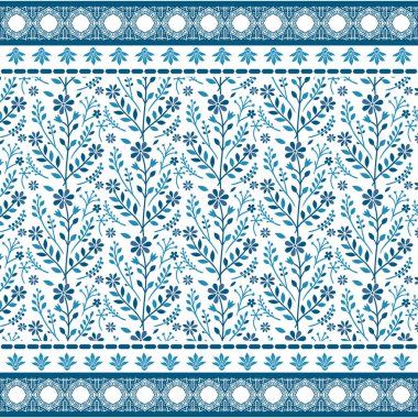 Tekstil ambalajı ve kumaş baskıları için tasarlanmış çiçek desenli sanatsal mavi desen.