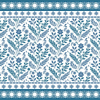 Mavi botanik temalı kusursuz çiçek deseni ev ve moda kumaşları için yapraklar ve tarla çiçekleri içerir