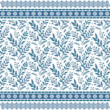 Süslü kumaş kullanımı için dekoratif saplı çiçekleri olan ilkbahar doğasından esinlenilmiş kusursuz mavi çiçek deseni