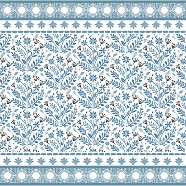 Masa üstü ve tekstil tasarımları için doğal yapraklar ve bitki demetleri sergilenen zarif mavi dikişsiz çiçek desenleri.