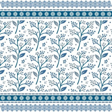 Moda kumaşları ve ev aksesuarları için detaylı çiçek çizimleri içeren karmaşık mavi, pürüzsüz bir desen.