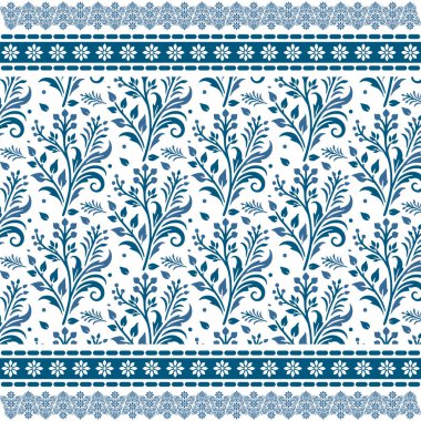 Şık kumaş izleri ve kadın kıyafetleri için el çizimi botanik ilhamlı mavi, pürüzsüz çiçek deseni.