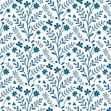 Moda kumaşı ve ev aksesuarları için yeşillik ve tarla çiçeklerinden oluşan mavi, pürüzsüz çiçek desenli arka plan.