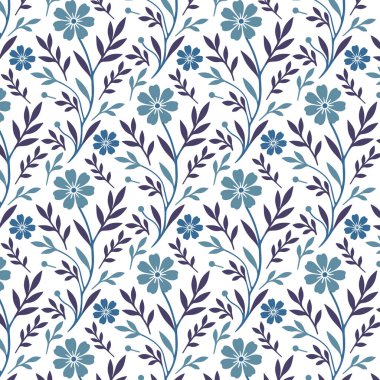 Detaylı bitki sapları ve ambalaj için dekoratif çiçek düzenlemeleri olan mavi desenli kusursuz çiçek desenli vektör.