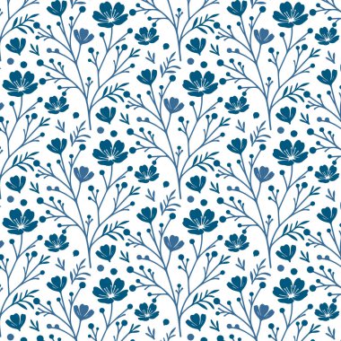 Süslü çiçek kümeleri ve moda için yaprak şekilleriyle mavi, pürüzsüz çiçek desenli yüzey tasarımı