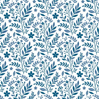 Moda öğeleri için doğa sapı ve yeşillik dokusuna sahip mavi botanik elementlerden esinlenilmiş kusursuz çiçek deseni