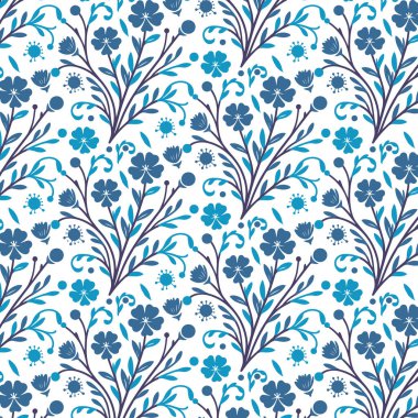 Mavi dikişsiz çiçek desenli çiçek desenli doğal elementler ve kök kümeleri içeren.