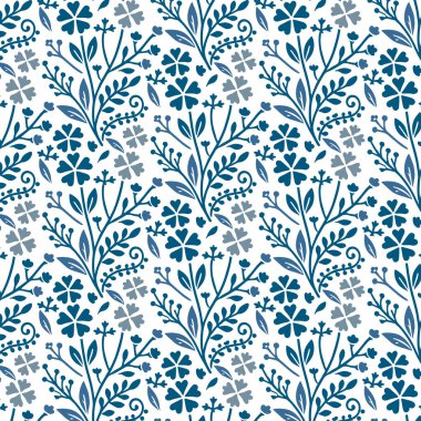 Yüzey desenleri mavi, dikdörtgen çiçek desenli, kök çizimleri ve sarmak için çiçek açan yapraklar ve ev kumaşı.