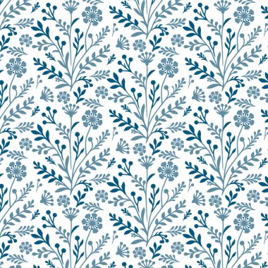 Botanik mavisi, tekstil tasarımında kullanılmak üzere süslü çiçekler ve doğal kökler içeren dikişsiz çiçek deseni.