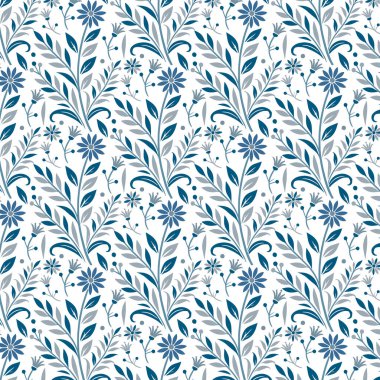 Tekstil ambalajı ve ev modasında kullanılmak üzere hassas botanik detaylarıyla dizayn edilmiş mavi, pürüzsüz çiçek deseni.